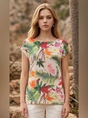Tropical Floral Knit Tank Top - White/Multi